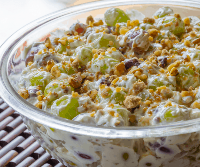 Grape Salad In A Large Clear Glass Bowl