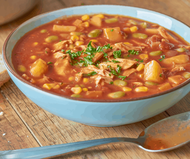 Blue Bowl filled with Brunswick Stew