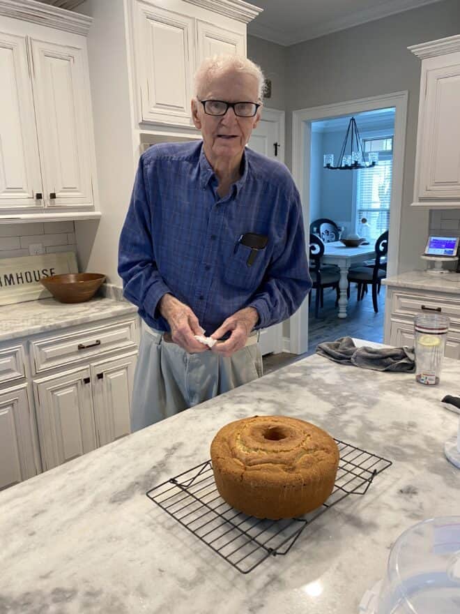 Dad and his sour cream pound cake on an island