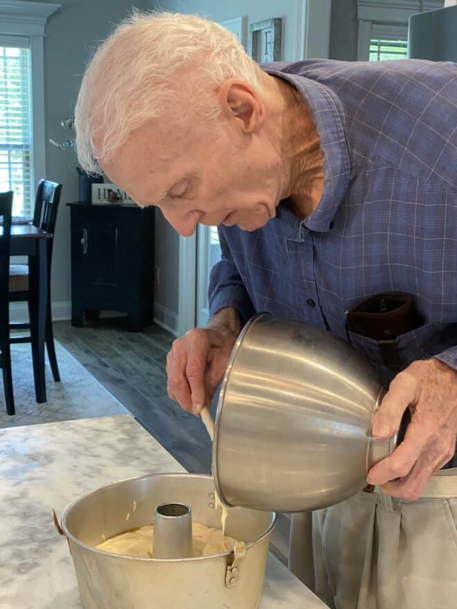 my dad baking his sour cream pound cake