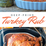 Deep fried turkey in a turkey cooker and mom's deep fried turkey rub in a small white ramekin