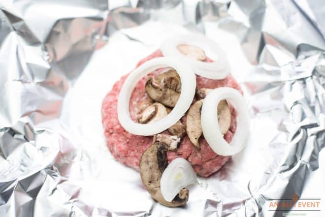 Hamburger Patties topped with mushrooms and onions