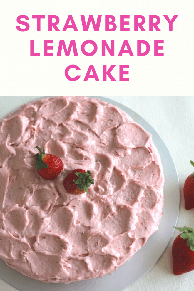 Strawberry Lemonade Layer Cake on a green cake plate