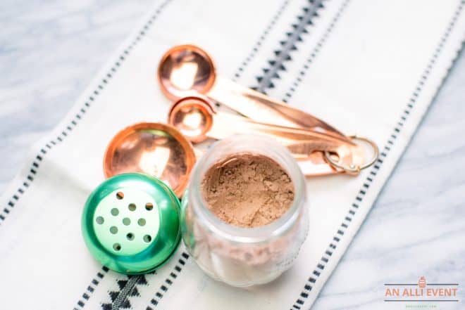 Homemade Dry Shampoo in Clear Jar with Green Shaker Top