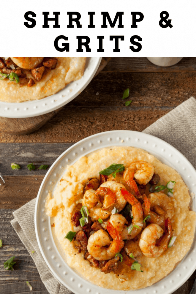 Bowl of grits topped with shrimp