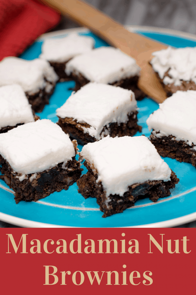 Macadamia Nut Brownies topped with a white powered sugar frosting on a blue plate