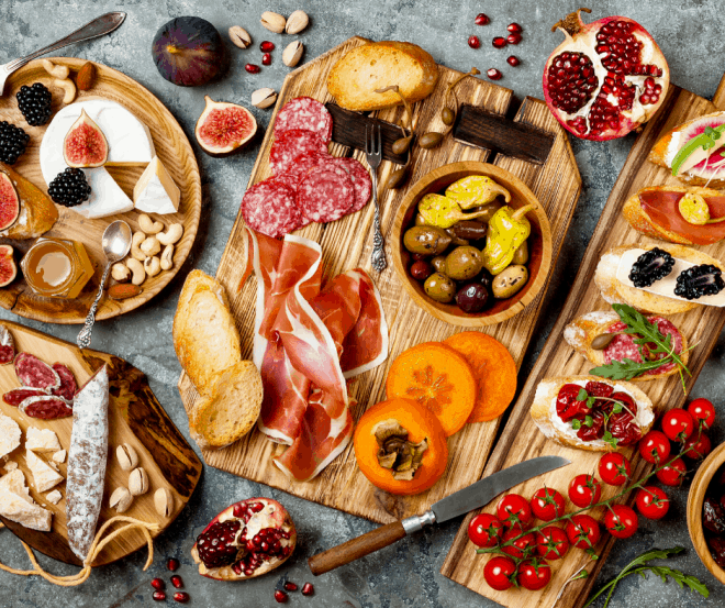 Appetizers on wooden trays