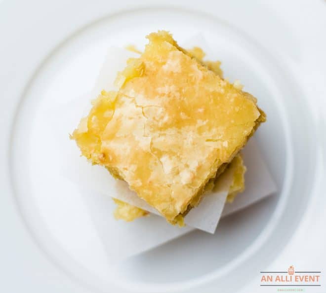 Two lemon squares on a white plate