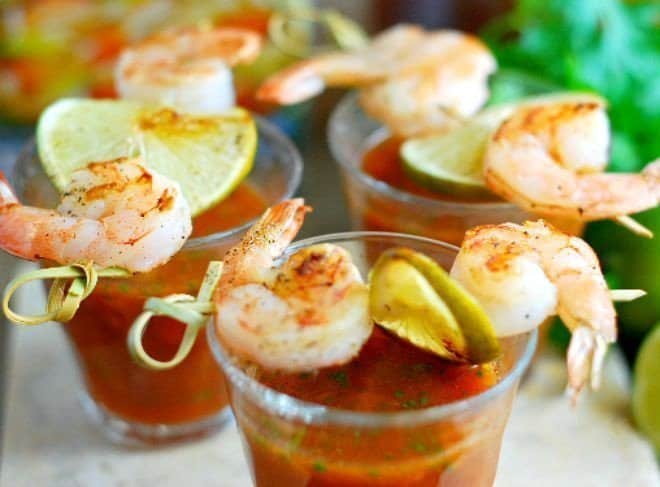 Amazing Party Dips - Gazpacho Shooters & Grilled Shrimp Skewers