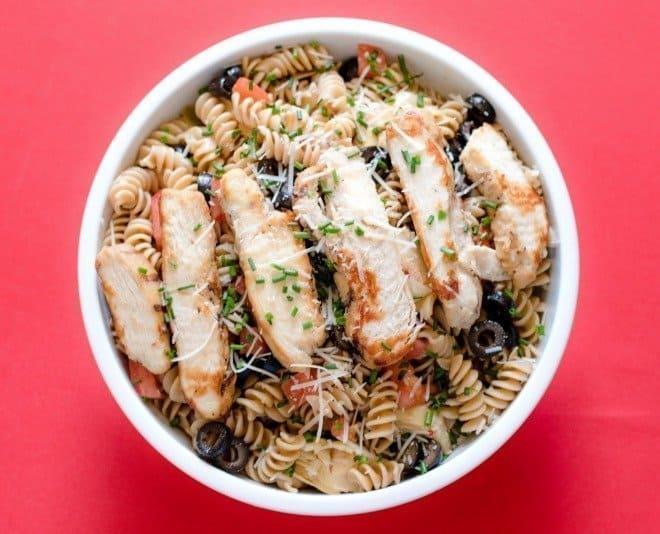 Grilled Chicken Rotini with Olives & Artichokes