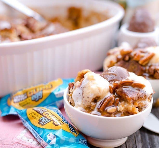 Chocolate Bread Pudding with Homemade Praline Sauce Drizzled Over the Top - anallievent.com