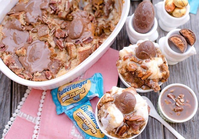 Chocolate Bread Pudding with Toasted Pecans and Praline Sauce