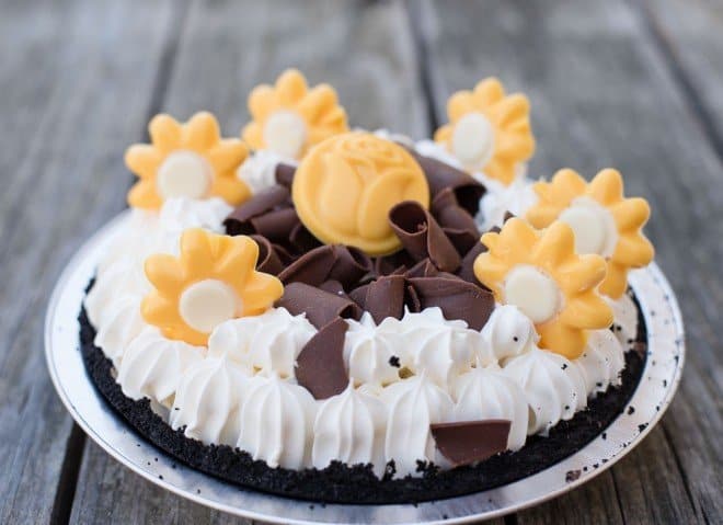 Chocolate Satin Pie with Chocolate Flowers and Chocolate Curls