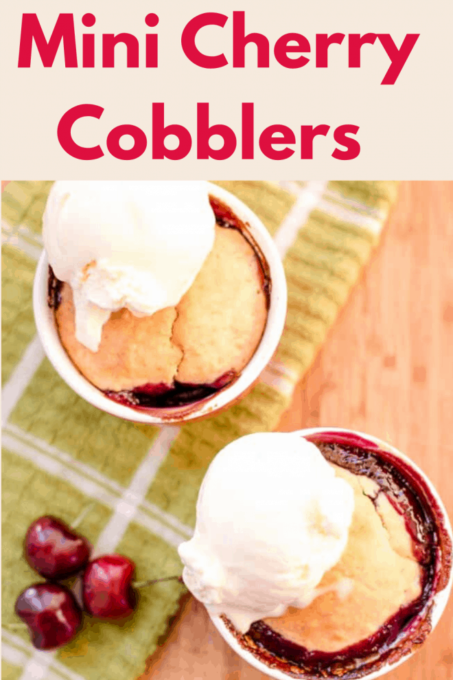 Mini Cherry Cobblers in Ramekins with a scoop of ice cream on top