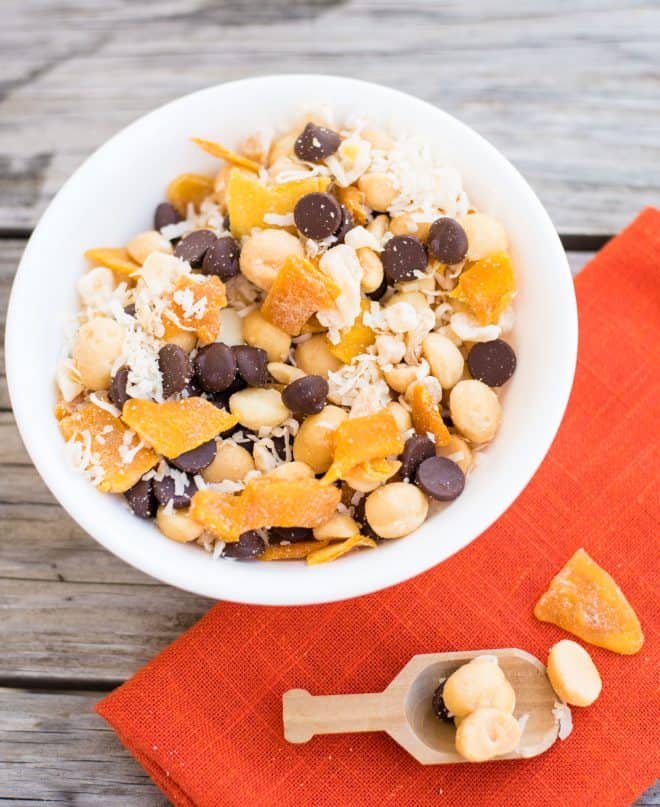 Tropical Macadamia Nut Trail Mix in white bowl