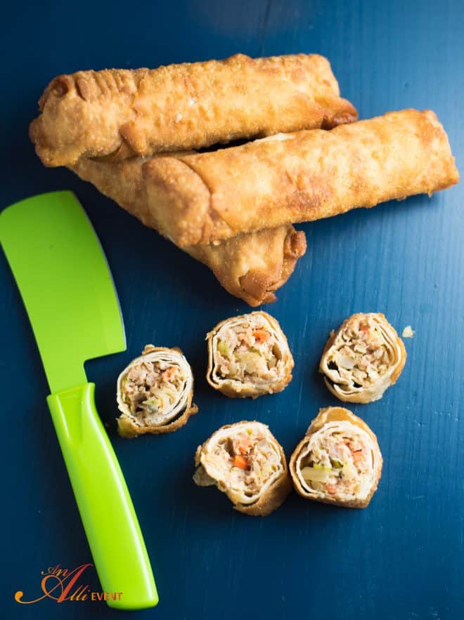 Chop the egg rolls for the Cheesy Egg Roll and Tater Tot Breakfast Bake