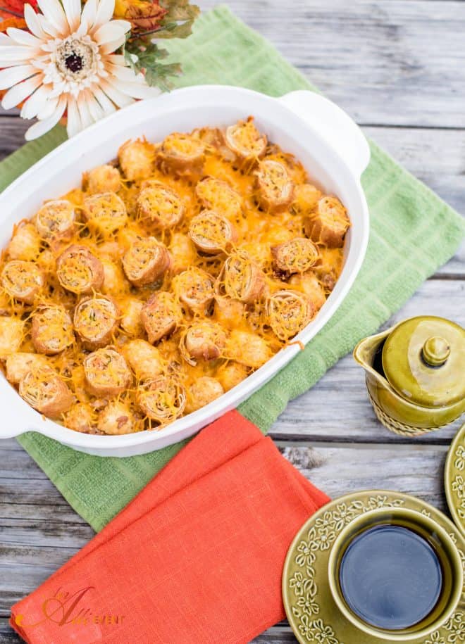 Cheesy Egg Roll and Tater Tot Breakfast Bake