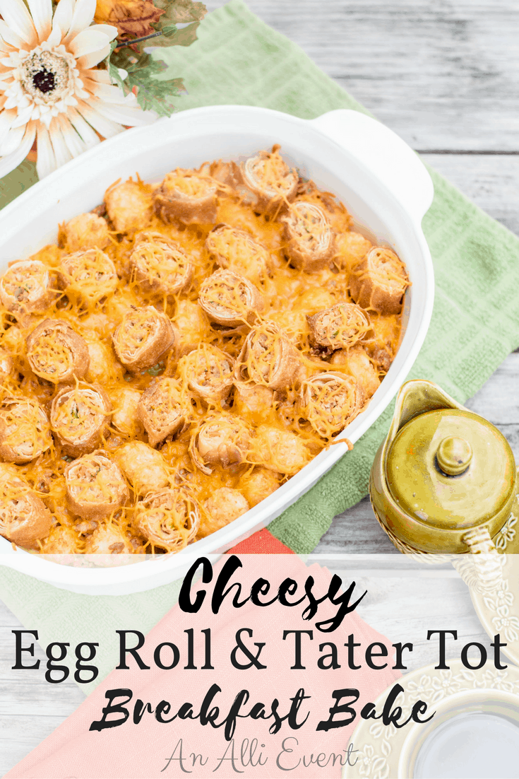 *Family Favorite Alert* Whenever entire family is here or when I have weekend guests, this is my go-to breakfast bake. The egg rolls add a delicious crunch to my Cheesy Egg Roll and Tater Tot Breakfast Bake. Sausage, eggs and shredded cheddar are combined to make a breakfast bake your family will love. Click the photo to get the recipe or save for later. #EggRollWithIt #ad