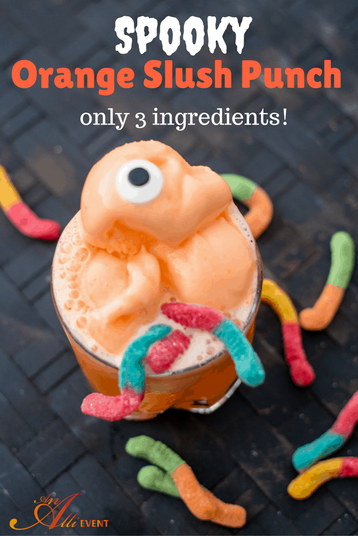 Spooky Orange Slush Punch will be the hit of your Halloween party! You'll need only 3 ingredients. Eyeballs and creepy crawly worms are optional