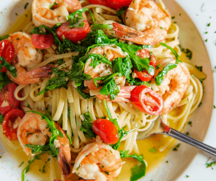 Bowl of Shrimp Linguine With Sauteed garlic and spinach
