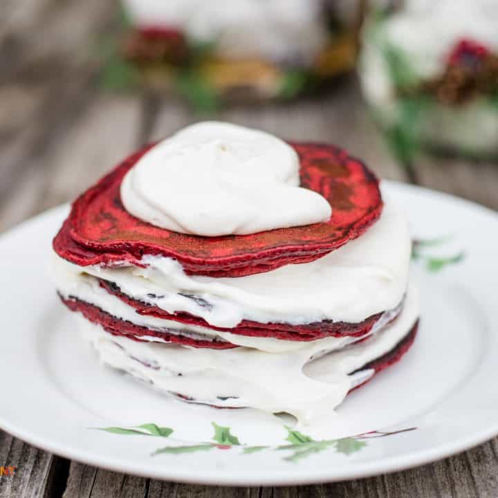Red Velvet Pancakes with Cream Cheese Syrup