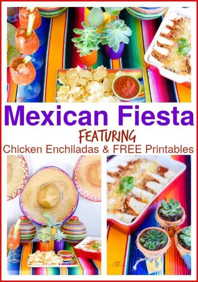 Welcome to a Mexican Fiesta! I've created a colorful tablescape and a fun centerpiece for a Mexican Fiesta. Chicken Enchiladas are the main event and I've added all my favorite Mexican dishes plus free printables. My Mexican Fiesta is a fun, vibrant party that's easy to host. 