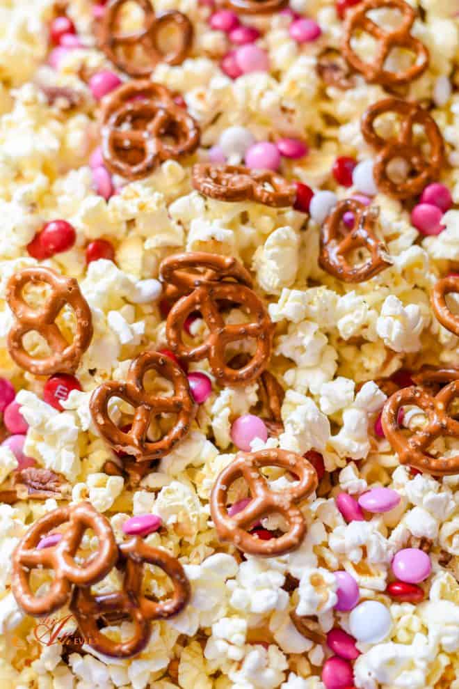 White Chocolate Covered Popcorn with Pecans, Pretzels and M&M's