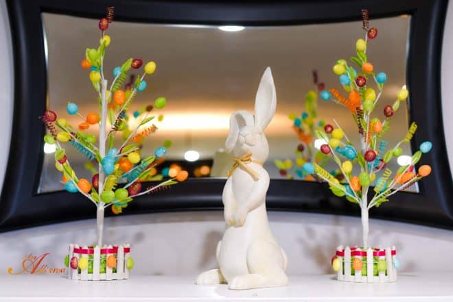 Whimsical Easter Mantle featuring bunny and Easter Egg Trees