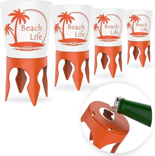 Last minute gift ideas for mom includes these cupholders that read life is a beach and have pointed spikes to stick in the sand