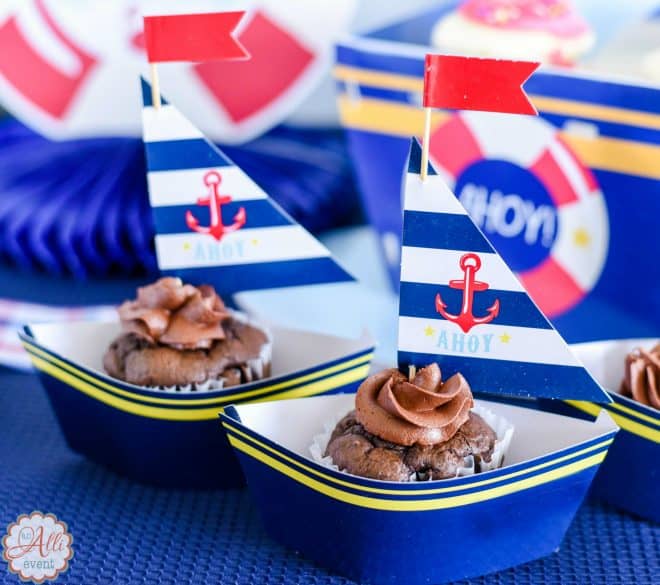 nautical baby shower featuring cupcake wrappers and picks