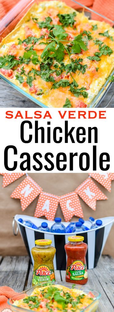 Looking for a delicious recipe for game day? My Salsa Verde Chicken Casserole is easy to make and is done in under 30 minutes. It's big, bold and delicious.