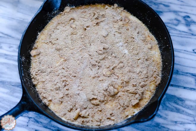 Sprinkle the topping over the batter of the Carolina Skillet Cake