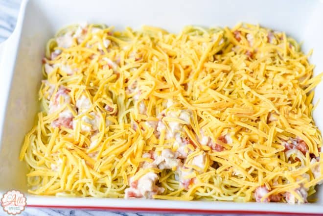 Layer the ingredients to make Baked Chicken Spaghetti