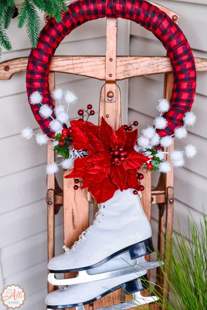 Front Porch Christmas Decor including my DIY Wreath and Sled