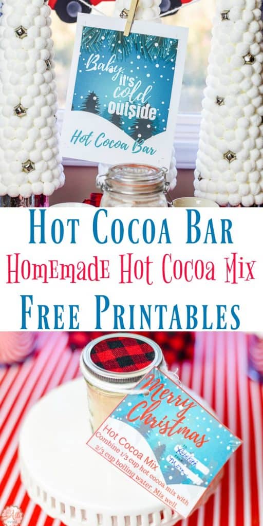 Hot Cocoa Bar Ideas including Homemade Hot Cocoa Mix, Peppermint Stick Stir Sticks and FREE printables! The Homemade Hot Cocoa Mix makes a great Christmas gift. 