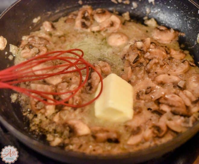 Add butter to the sauce for pan seared pork tenderloin