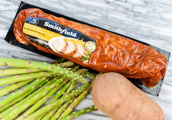 One Pan Pork Tenderloin Dinner with Sweet Potatoes and Asparagus