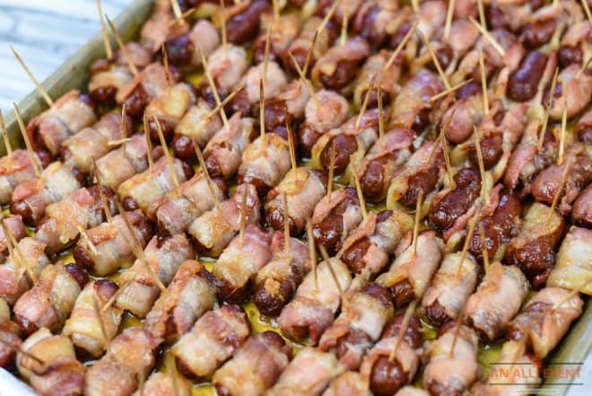 Baking Tray full of Bacon Wrapped Cocktail Smokies 