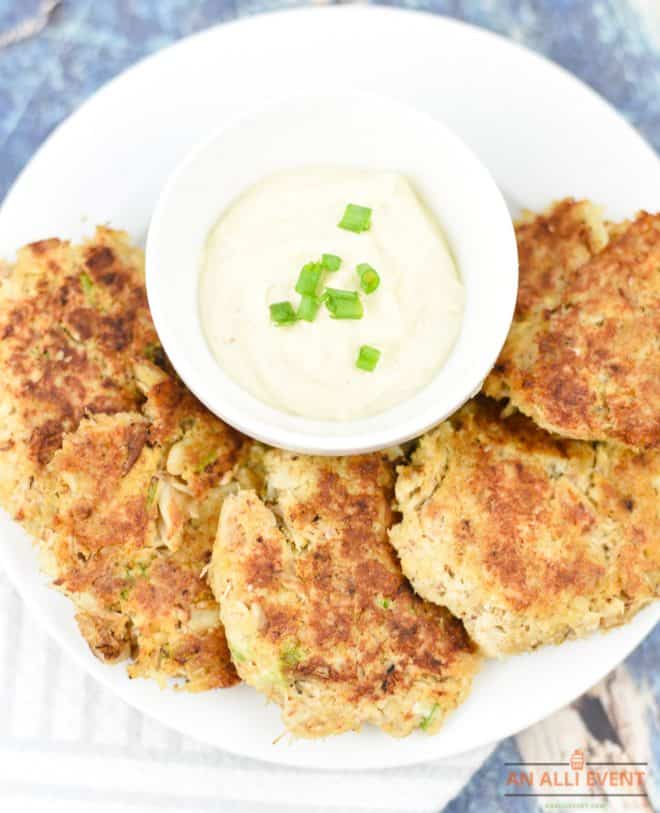Close Up Photo of Lightened up Crab Cakes with Dipping Sauce