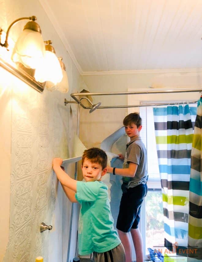 Step 1 - Removing the old, dated wallpaper - Boys Bathroom Remodel