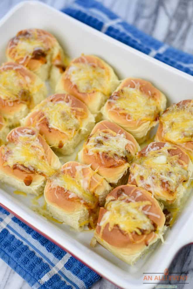 Bake for 8-10 minutes or until cheese is melted - Mini Chili Cheese Dogs