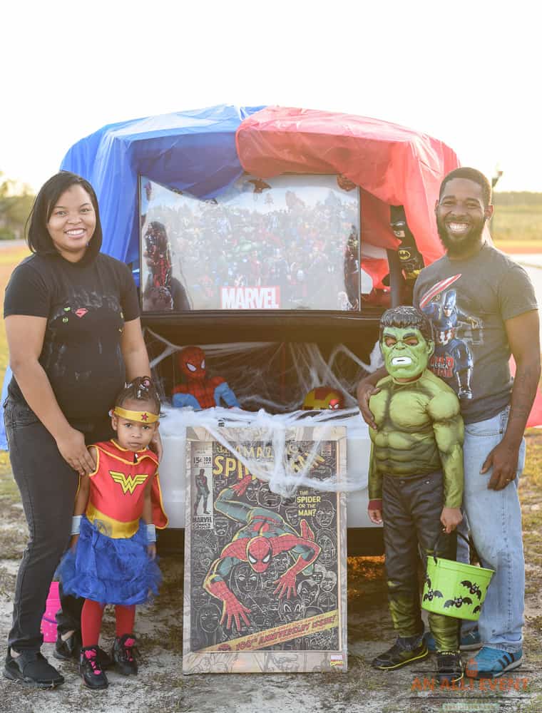 Marvel superhero trunk or treat display.