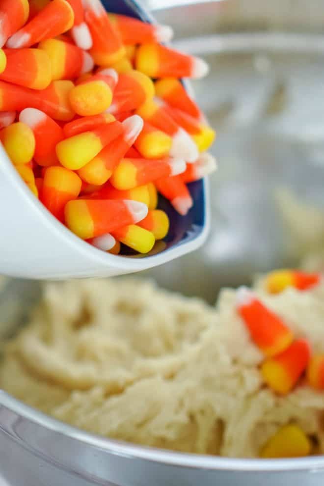 Fold candy corn into cookie batter