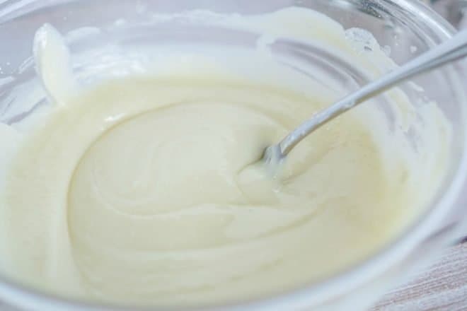 Bowl of Icing for Candy Corn Cookie Bars