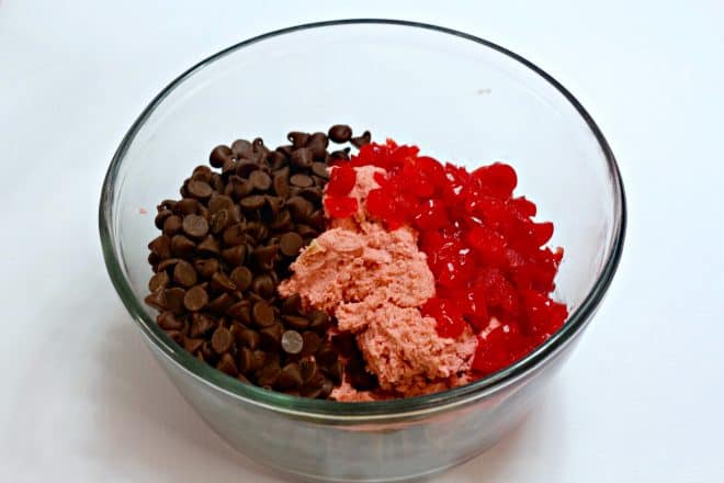 Maraschino cherries and chocolate chips in a bowl