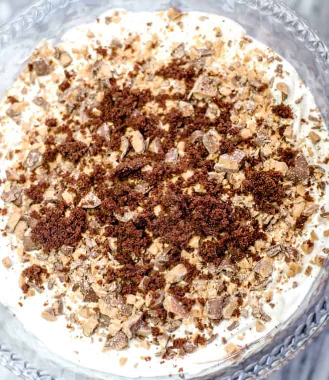 Heath Bar Trifle Layered in a Clear Serving Bowl