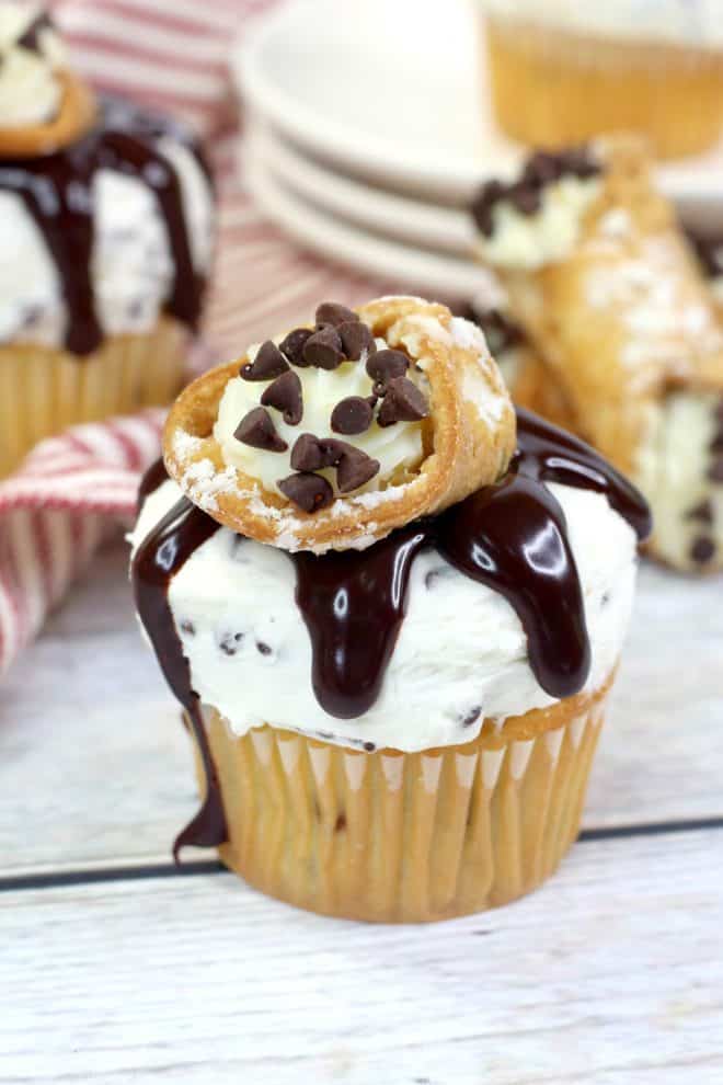 Best Cupcakes Topped with Chocolate Ganache and Cannoli