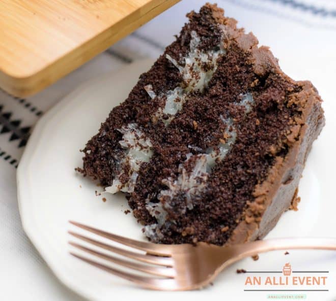 Slice of Mounds Cake - Dark Chocolate Cake with Coconut Filling and Chocolate Frosting