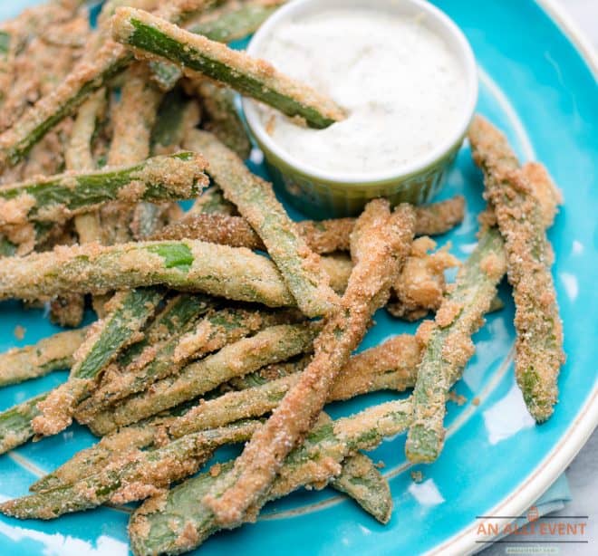 Fried Jalapeño Strips on Blue Plate