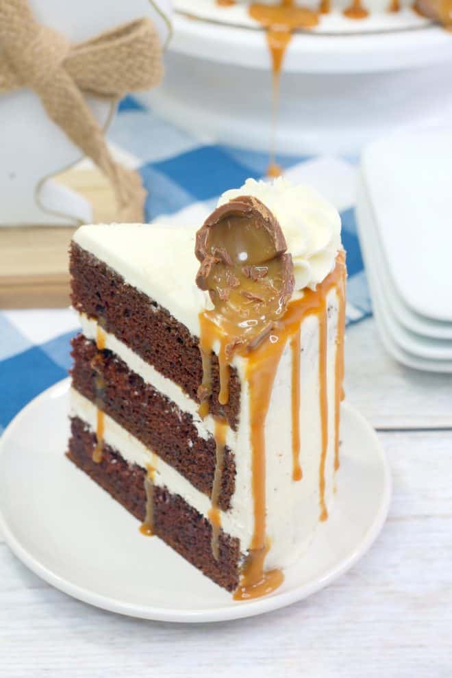 Slice of Triple Chocolate Cadbury Cake on White Plate